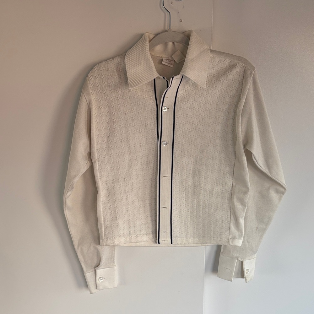Unique Vintage Cream Cardigan with Black Trim